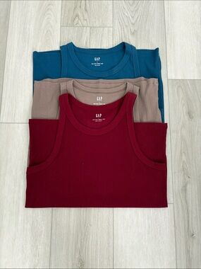 Bundle of three GAP Tank Tops in Deep Red Blue & Taupe